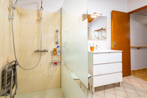 une salle de bain avec douche et lavabo dans l'établissement L'Écrin Gascon - Maison climatisée à Fleurance, à Fleurance
