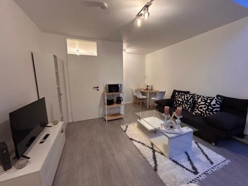 a living room with a couch and a tv at Schloss Appartement in Paderborn