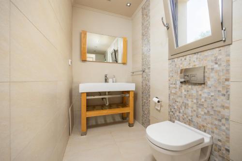 a bathroom with a sink and a toilet and a mirror at Villa Pomegranate Tree in Katelios