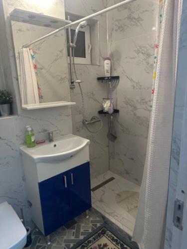a bathroom with a sink and a shower at Cozy Comforts aprt in Cugir in Cugir