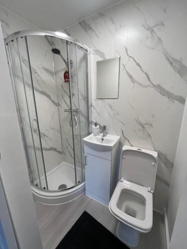 a bathroom with a shower and a toilet and a sink at Camden BNB in London