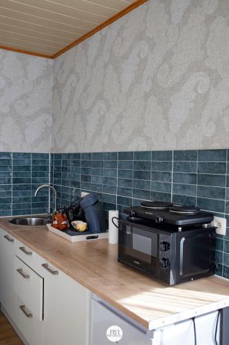 a kitchen counter with a microwave and a sink at Résidence des Chartriers in Mons
