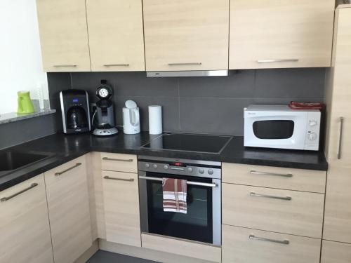 une cuisine avec une cuisinière et un micro-ondes dans l'établissement Gîtes Grewis, à La Wantzenau
