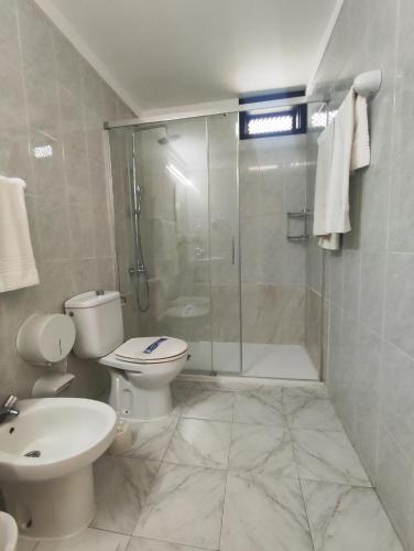 a bathroom with a toilet and a glass shower at Apartamentos Río Piedras in Puerto Rico de Gran Canaria