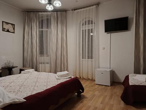 a bedroom with two beds and a flat screen tv at Вілла Токай in Rakhiv