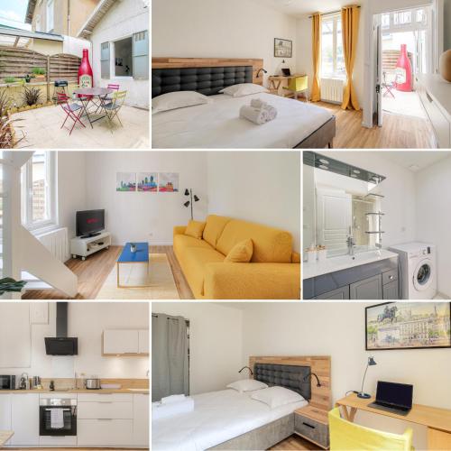 un collage de photos d'une chambre et d'un salon dans l'établissement Maison cosy avec terrasse à 15 minutes de Lyon et WIFI, à Rillieux-la-Pape