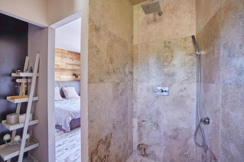 La salle de bains est pourvue d'une douche à l'italienne à côté d'un lit. dans l'établissement Family house L'Oasis, à Mollans-sur-Ouvèze