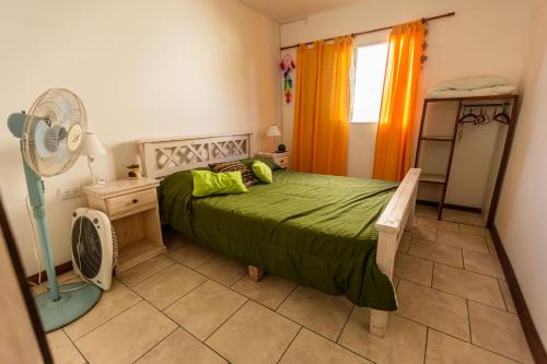 a bedroom with a green bed and a fan at Umi del sur in Mar del Plata