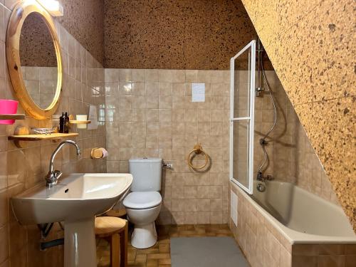 une salle de bain avec un lavabo, des toilettes et une baignoire dans l'établissement 202 - Maison en pierre à proximité des Sables-D'or, à Plurien