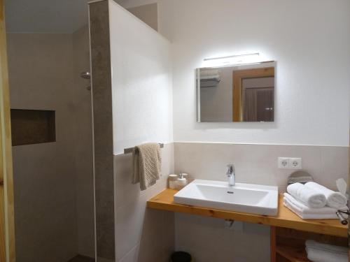 a bathroom with a sink and a shower at Riedhof-Zuahaus in Breitenbach am Inn