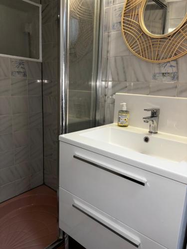une salle de bain avec un lavabo blanc et une douche dans l'établissement Pretty Montmartre, à Paris