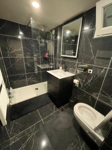 La salle de bains noire est pourvue d'un lavabo et de toilettes. dans l'établissement Chambre Atelier sur jardin, à Antony