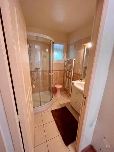 une salle de bain avec douche et lavabo dans l'établissement Paisible maison familiale Animaux acceptés, à Gujan-Mestras