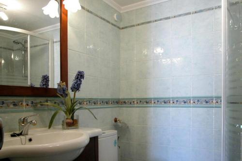 un bagno con lavandino, WC e doccia di Casa Rural Villa de San Leonardo a San Leonardo de Yagüe