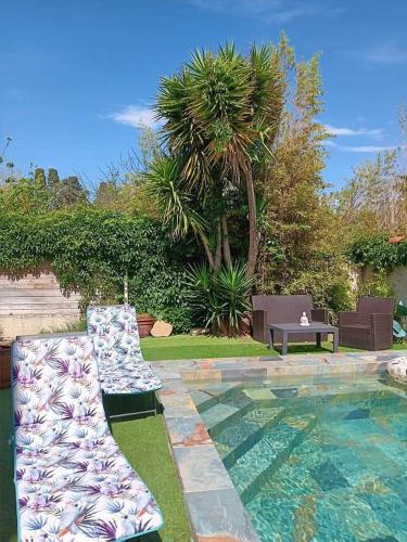 deux chaises assises à côté d'une piscine dans l'établissement Paradis terrestre sud de la France, avec sa piscine bali privée, clim, jardin, animaux admis,5 mn autoroute, à Toulouges