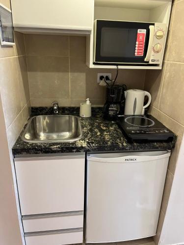 a small kitchen with a sink and a microwave at Ushuaia Suites Connect Point 2 in Ushuaia