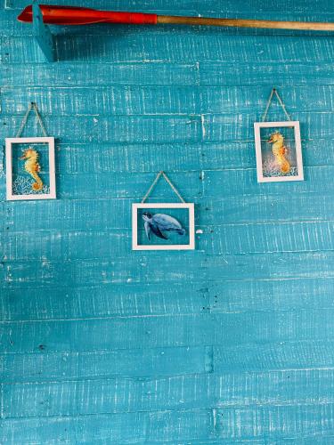 a blue wall with three pictures on it at Itaca Eco House in Playa Blanca