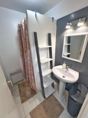 une petite salle de bain avec un lavabo et un miroir dans l'établissement Maison coeur de forêt, proche plage des Conches, à Longeville-sur-Mer