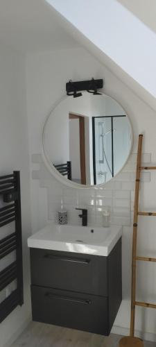 une salle de bain avec un lavabo et un miroir dans l'établissement Gîte Au Cerisier, à Plouégat-Guérand