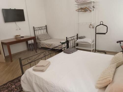 a room with two beds and a desk and a television at Casa Artemisia lungo il fiume con giardino privato in Marcaria