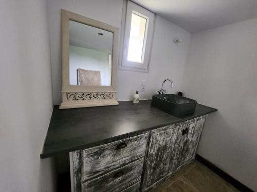 une salle de bain avec un lavabo et un miroir dans l'établissement Gîte l'atelier, à Mensignac
