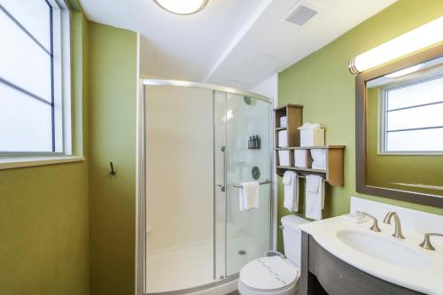 a bathroom with a shower and a sink at Claremont Hotel in Miami Beach