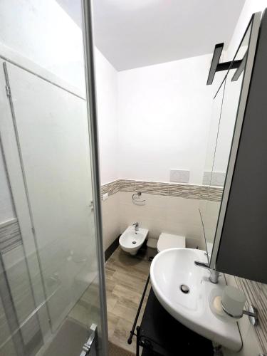 a bathroom with a shower and a sink and a toilet at Villino Andromeda in Sèrapo