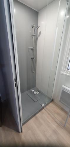 une cabine de douche avec une porte vitrée dans une salle de bain dans l'établissement Mh789 Bois Dormant sans vis à vis, à Saint-Jean-de-Monts