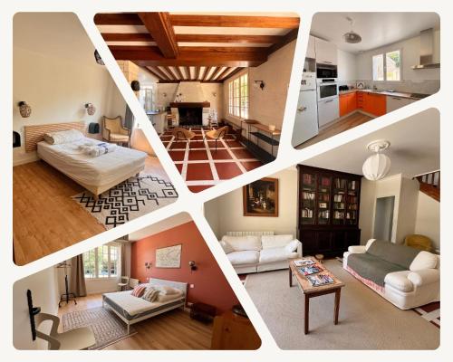 un collage de quatre photos d'un salon dans l'établissement L'Ecrin de Famille Maison Mer & Bourg Gold Beach, à Ver-sur-Mer