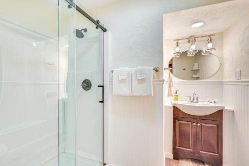 a bathroom with a shower and a sink at Mtn Views and Fire Pit Eureka Springs Home in Eureka Springs