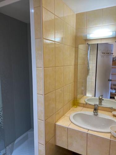 une salle de bain avec un lavabo et un miroir dans l'établissement Centre village 6 personnes, à Val Thorens