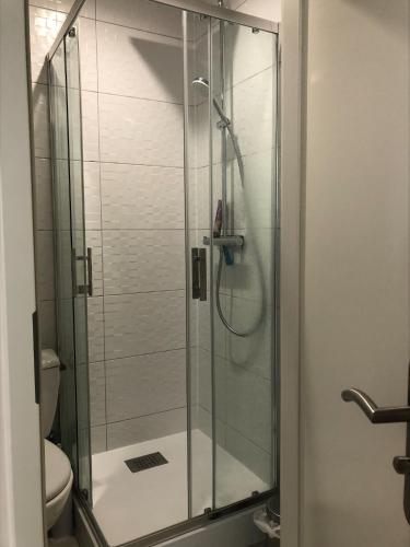 une douche avec une porte vitrée dans une salle de bain dans l'établissement Grand appartement lumineux 3 Chambres - Thionville centre, à Thionville