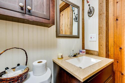 Un baño con lavabo, inodoro y espejo. en Creek Access, Fire Pit and Grill Summerville Studio, en Summerville