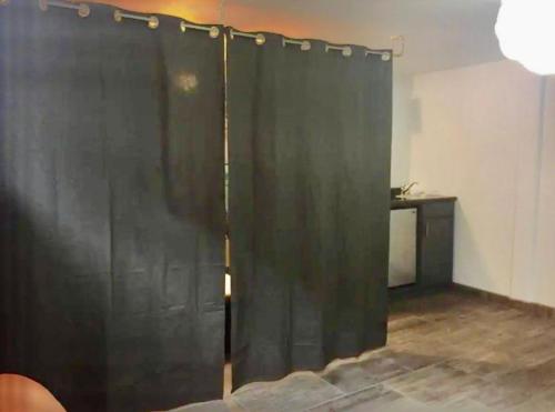 a black shower curtain in a room at Blue MYNOC in Rosarito