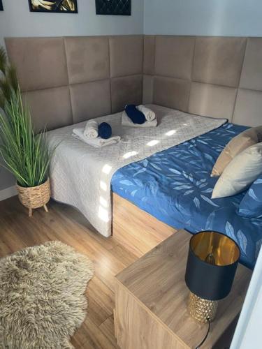 a bedroom with a bed with blue sheets and a plant at Apartament blisko stacji kolejowej in Mińsk Mazowiecki