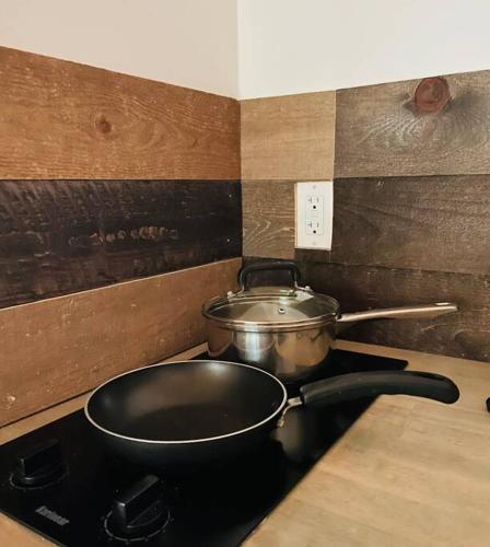 a pot and a pan on a stove in a kitchen at Bienvenidos a la Pequeña Selva de Legnalife in Homestead