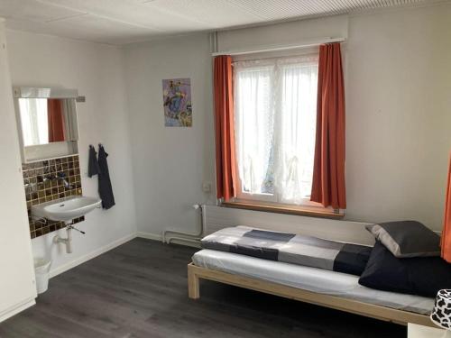 a bedroom with a bed and a sink and a window at 08 - Gästehaus Erika - Hundwil - Appenzellerland in Hundwil