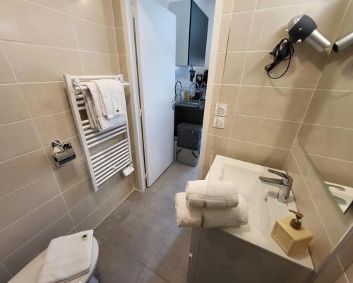 a bathroom with a white toilet and a sink at Daisy Champêtre #Terrasse #Clim #Parking in Irigny
