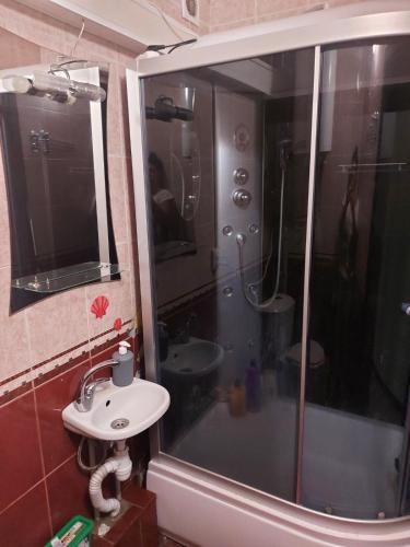 a bathroom with a shower and a sink at Апартаменти Іва в центрі на Набережній in Dnipro