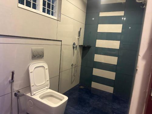a bathroom with a white toilet and a shower at Golden hills cottage in Viripara