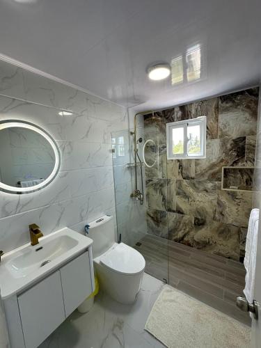 a bathroom with a toilet and a sink and a shower at Sunrise ApartaHotel in El Manguito