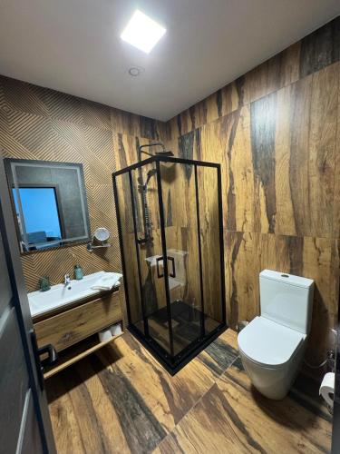 a bathroom with a shower and a toilet and a sink at Vrbecká restaurace - penzion 5 in Hrubá Vrbka