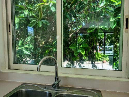 Modern Beach Villa Pool Ocean Views Terrace BBQ Villa Vista Real في بلايا ديل كارمن: وجود مغسلة مطبخ مع نافذة ومغسلة مطبخ