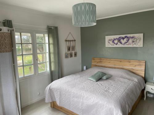 - une chambre dotée d'un lit avec un oreiller vert dans l'établissement Le petit Vialto, à Grospierres