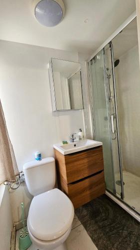 une salle de bain avec toilettes, lavabo et douche dans l'établissement Studio cosy et lumineux proche Paris et Stade de France, à Stains
