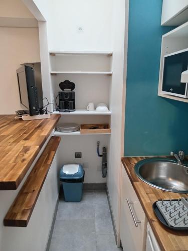 une petite cuisine avec un évier et un comptoir dans l'établissement Studio refait à neuf, à Amiens