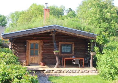 a log cabin with a desk and a table at Idyllisches Blockhaus Mecklenburger Seenplatte in Penzlin