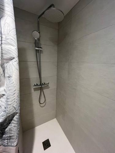 une douche avec pommeau de douche dans une salle de bain dans l'établissement App du prince centre-ville Aurillac 2 pers, à Aurillac