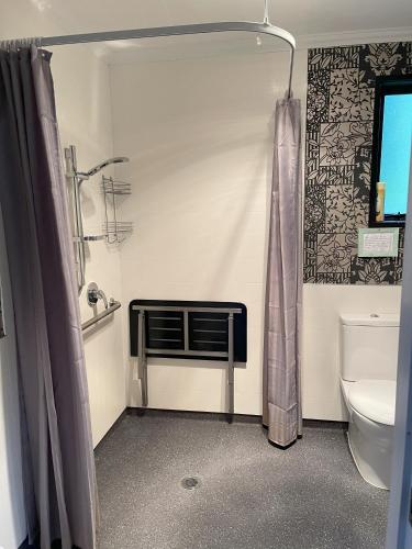 a bathroom with a shower curtain and a toilet at Down South Cottage in Invercargill