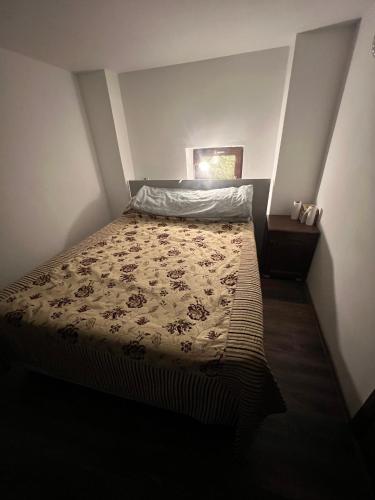 a bedroom with a bed with a comforter on it at Costin in Ploieşti